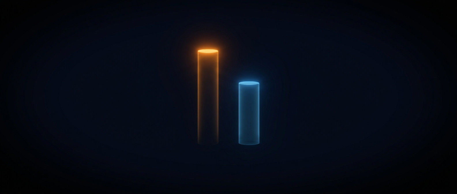 Two glowing columns side by side, a taller orange-topped one and a shorter blue one, on a dark field.