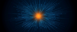 A glowing orange core radiating many parallel blue lines outward on a dark field.