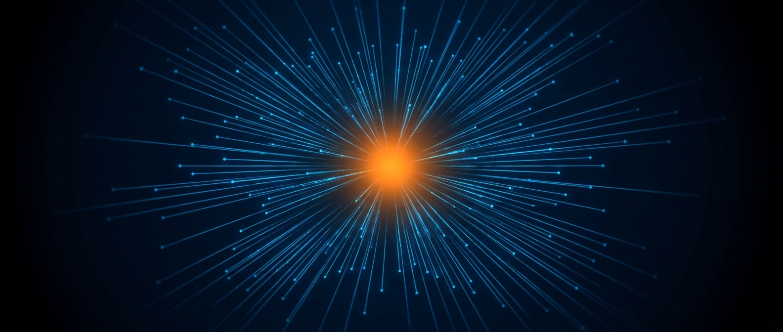 A glowing orange core radiating many parallel blue lines outward on a dark field.