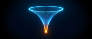 A glowing blue funnel narrowing to a small bright orange point at the bottom on a dark field.