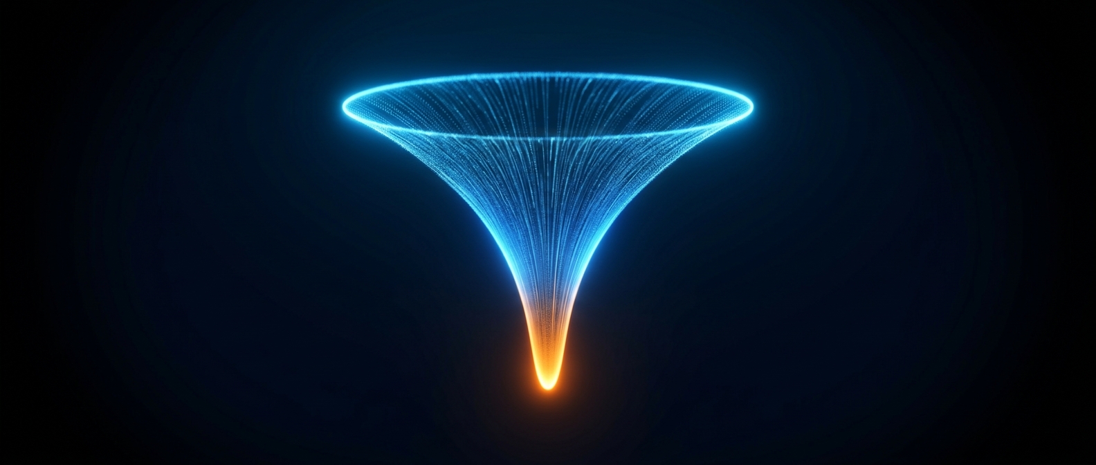 A glowing blue funnel narrowing to a small bright orange point at the bottom on a dark field.
