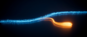 A glowing blue stream with an orange branch pooling into a reservoir on a dark field.