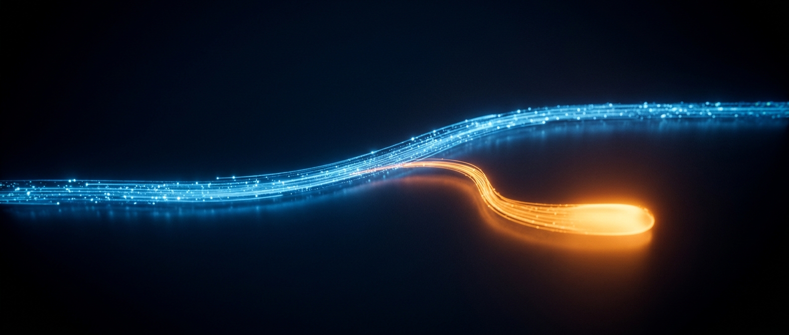 A glowing blue stream with an orange branch pooling into a reservoir on a dark field.