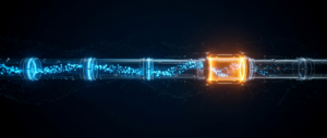 A glowing segmented pipe carrying blue particles with one orange stage on a dark field.