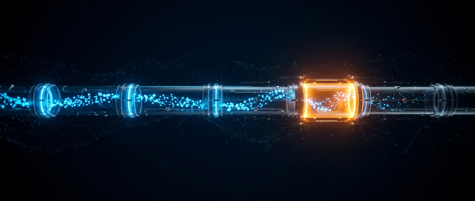 A glowing segmented pipe carrying blue particles with one orange stage on a dark field.