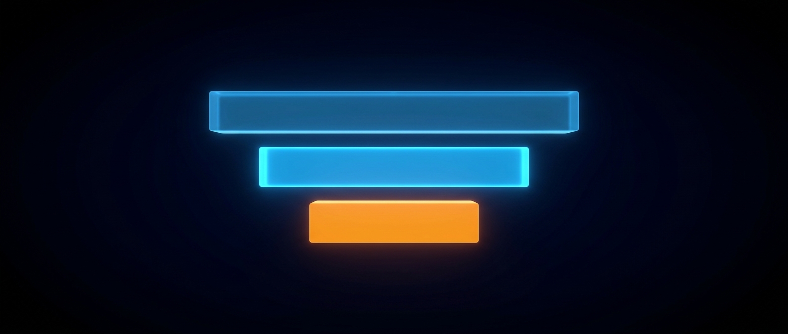 Three descending-width glowing bars, blue narrowing to an orange bar, on a dark field.