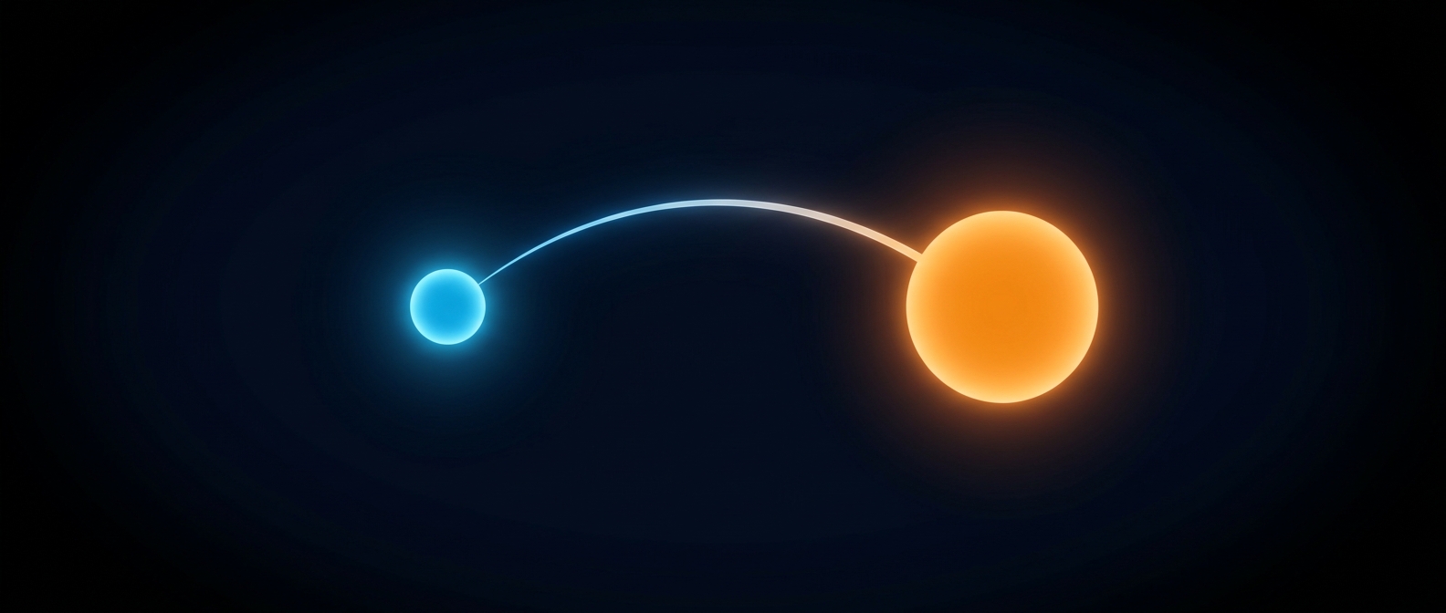 A small blue sphere linked by a glowing arc to a larger orange sphere on a dark field.