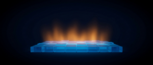 A broad platform of glowing blue blocks with a warm orange glow rising from it on a dark field.