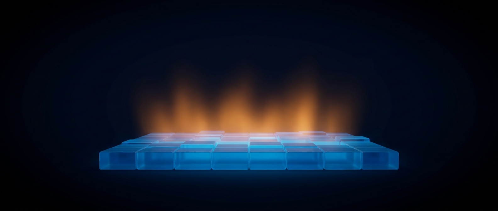 A broad platform of glowing blue blocks with a warm orange glow rising from it on a dark field.