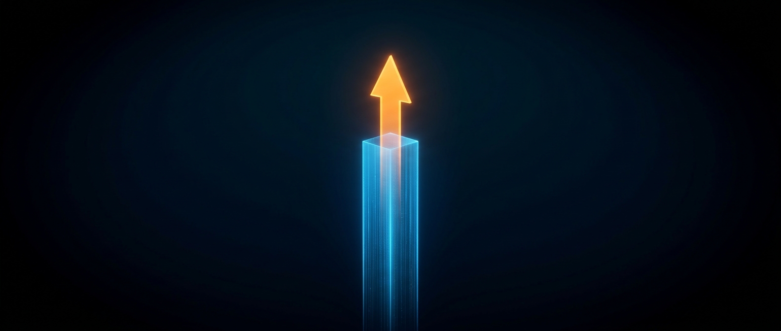 A tall glowing blue column with a bright orange upward spike emerging from its top on a dark field.