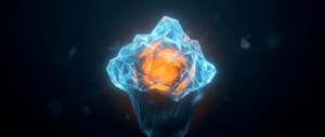 A glowing blue crystalline iceberg form with a warm orange core on a dark field.