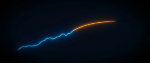A glowing blue historical trend line continuing into an orange forward-projecting forecast curve on a dark field.