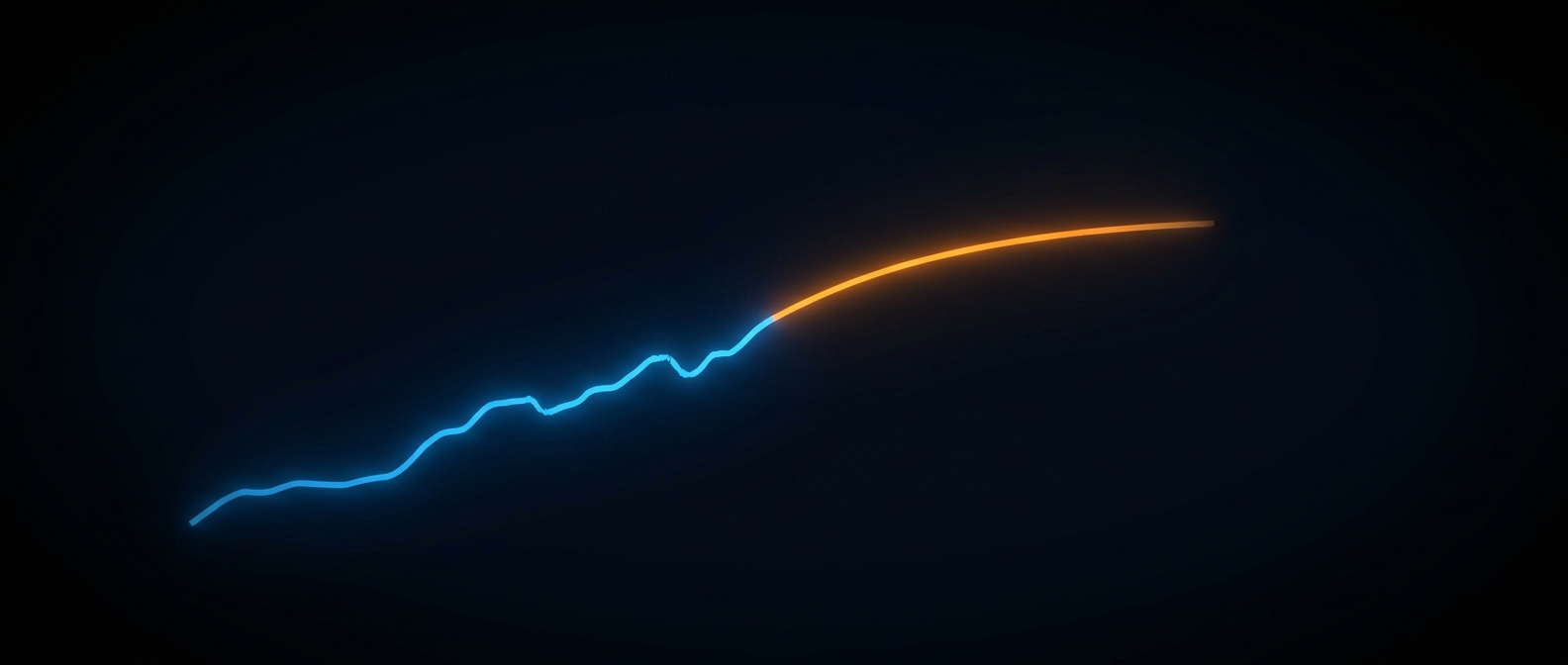 A glowing blue historical trend line continuing into an orange forward-projecting forecast curve on a dark field.