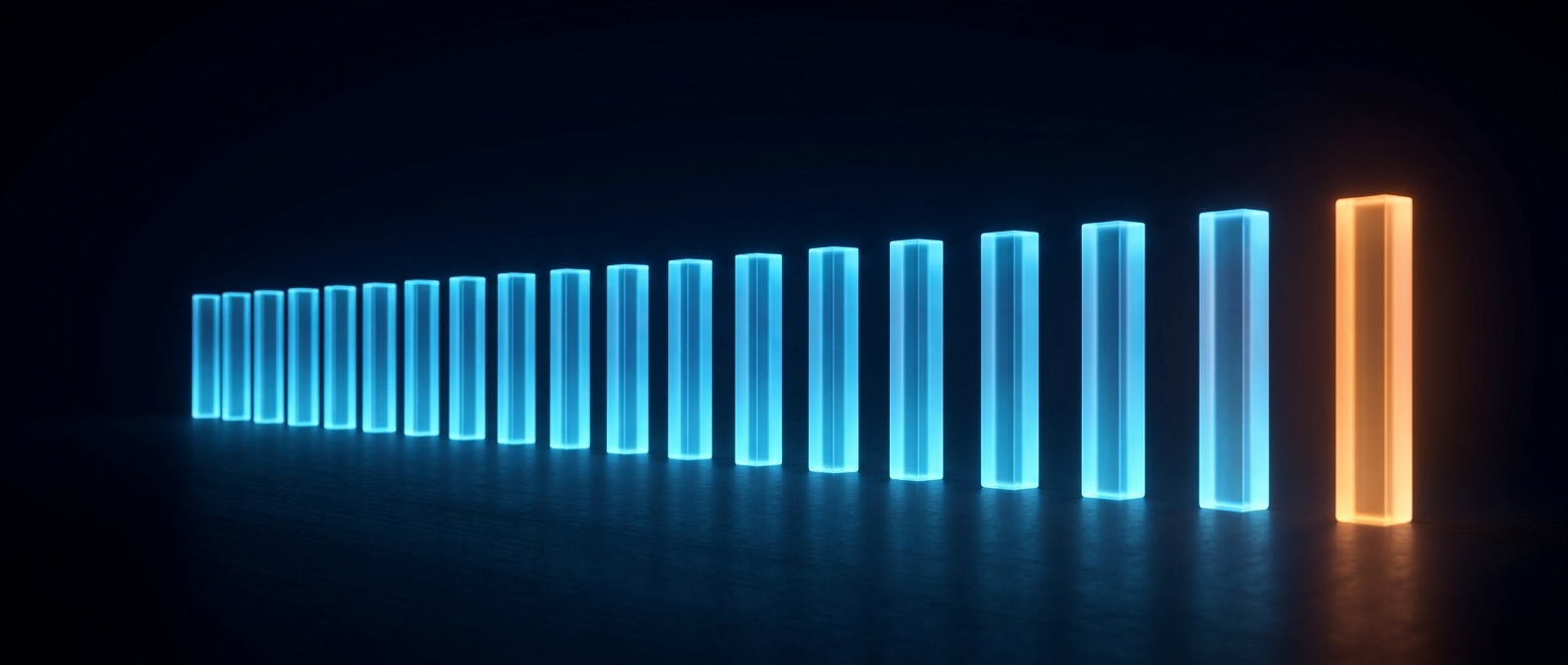 A row of evenly spaced glowing blue pillars with the last one orange, on a dark field.