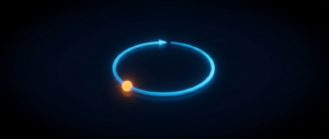 A glowing blue circular loop with an orange node traveling along it on a dark field.