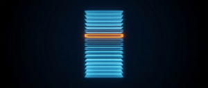 A neat stack of glowing blue index cards with one highlighted orange card on a dark field.