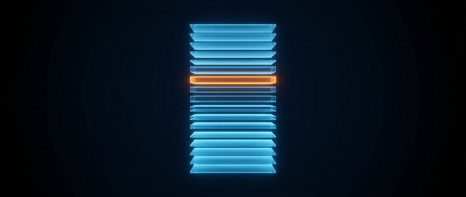 A neat stack of glowing blue index cards with one highlighted orange card on a dark field.
