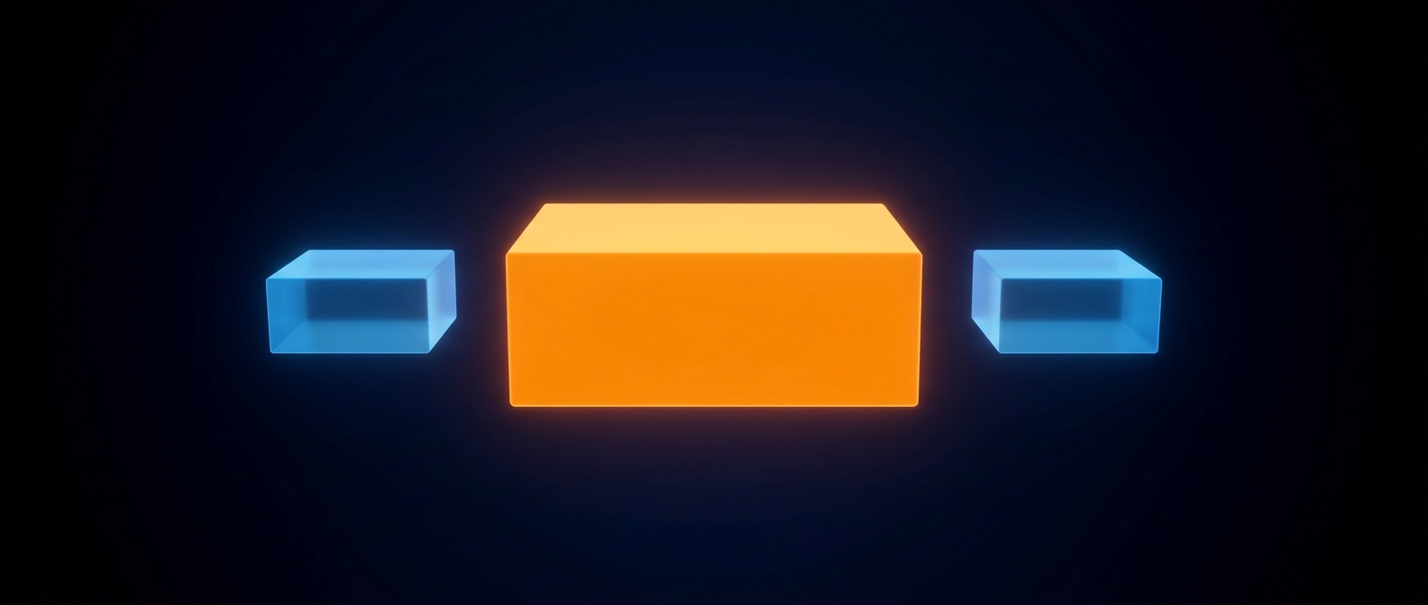 A glowing orange core block with two smaller blue blocks lifted apart on a dark field.