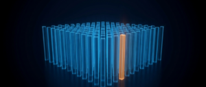 Tall glowing blue vertical data columns packed together with one orange column, on a dark field.
