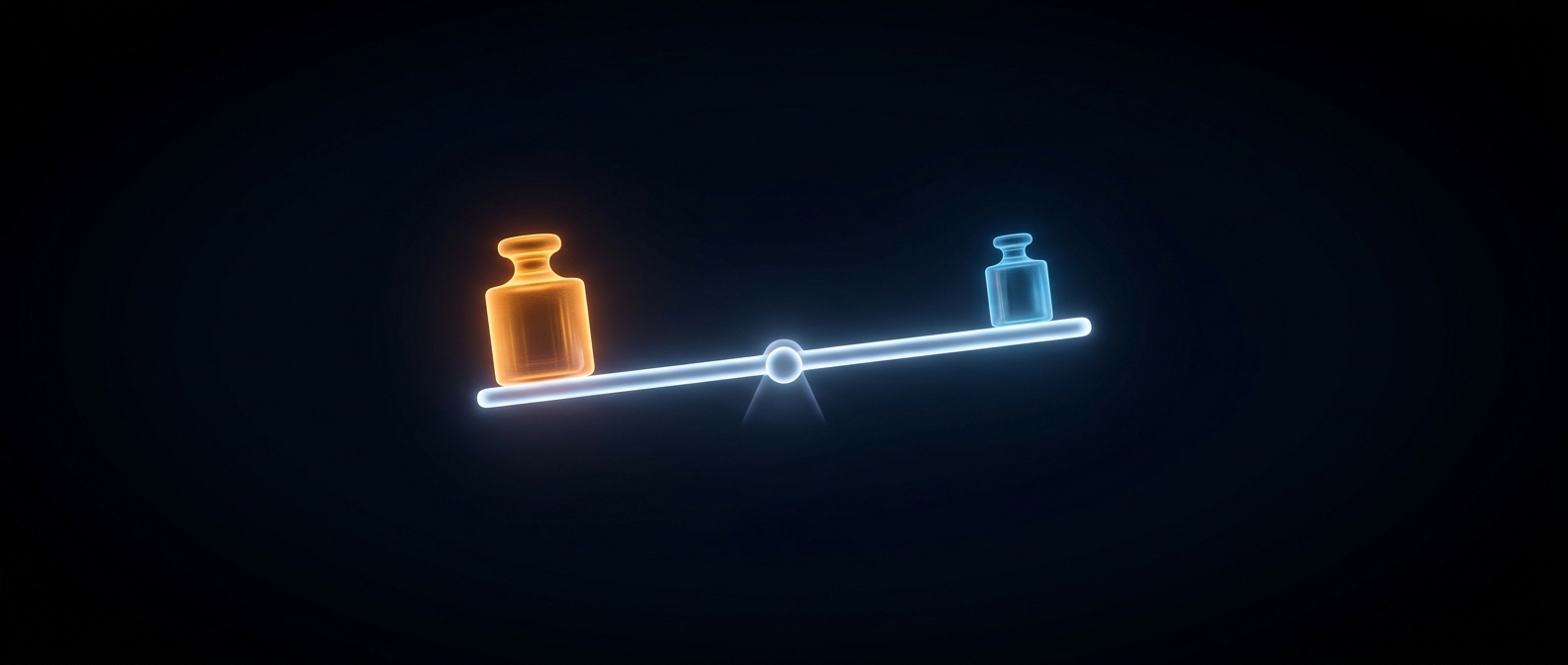 A glowing balance beam with an orange weight on one side and a blue weight on the other, on a dark field.