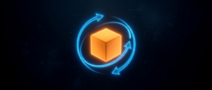 A glowing orange cube encircled by two curved blue rotation arrows on a dark field.