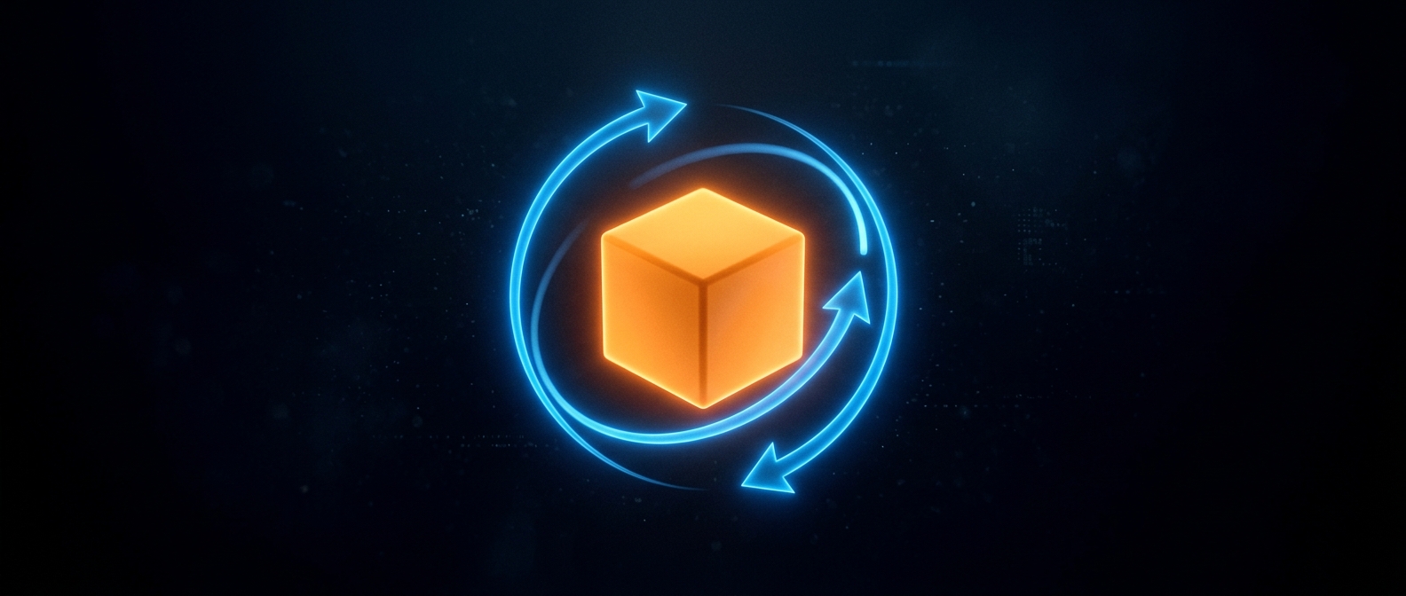 A glowing orange cube encircled by two curved blue rotation arrows on a dark field.