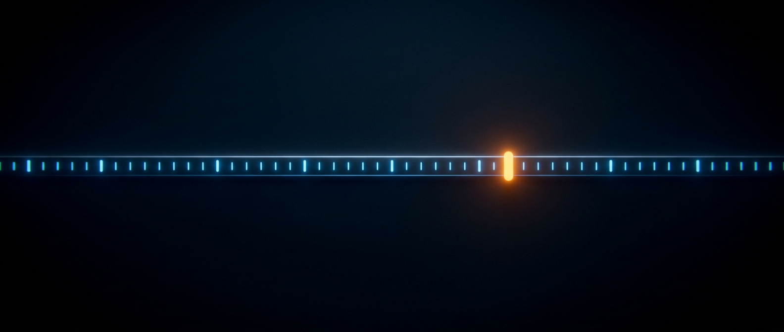A glowing horizontal track with blue tick marks and a single orange marker partway along, on a dark field.