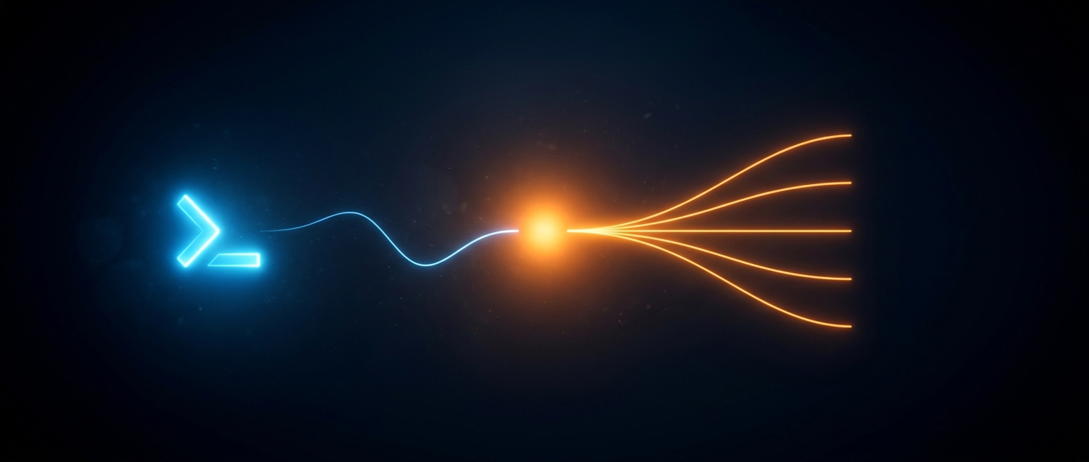 A glowing blue input shape flowing into an orange core that radiates organized output lines, on a dark field.