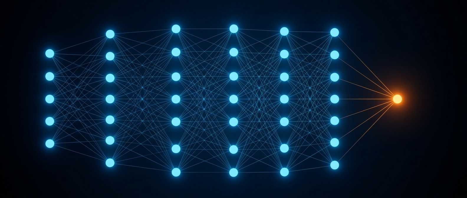 A layered network of glowing blue nodes feeding into an orange output node, on a dark field.