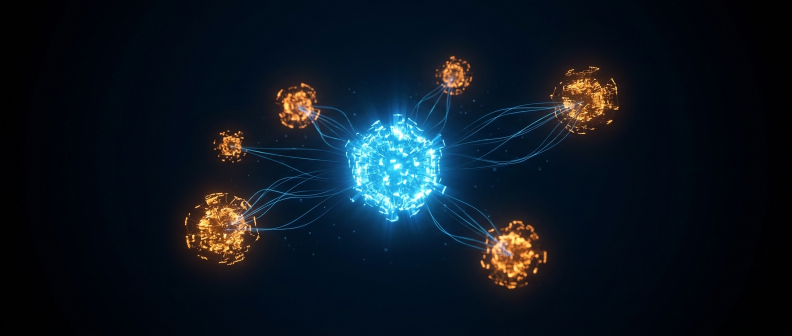 A central glowing blue data core surrounded by separate orange compute clusters on a dark field.