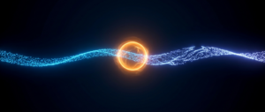 A continuous glowing blue particle stream passing through an orange processing node, on a dark field.