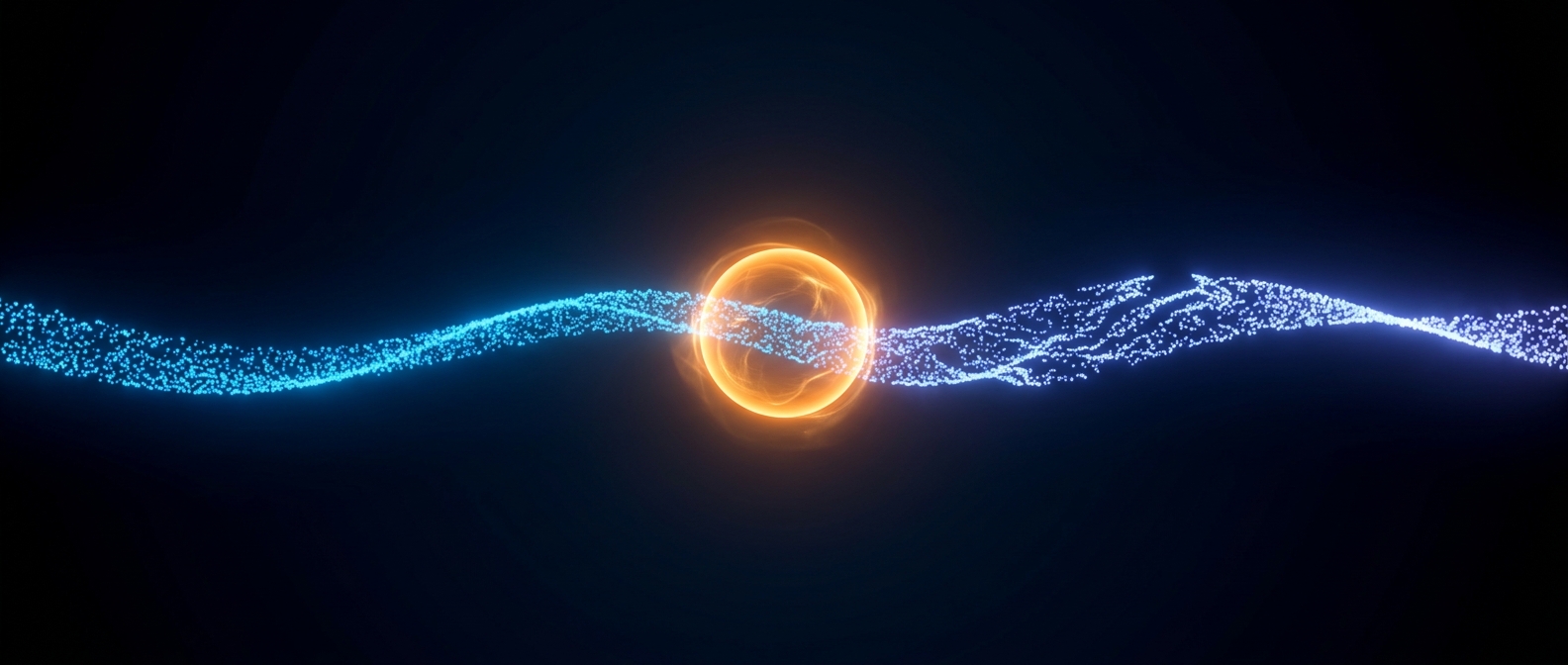 A continuous glowing blue particle stream passing through an orange processing node, on a dark field.