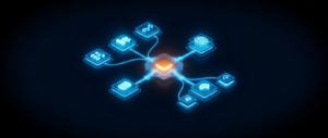 Several glowing blue modules merging into one unified structure with a warm orange core, on a dark field.