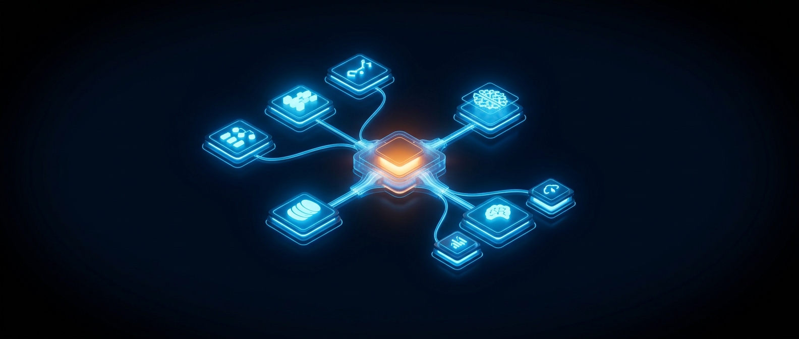 Several glowing blue modules merging into one unified structure with a warm orange core, on a dark field.