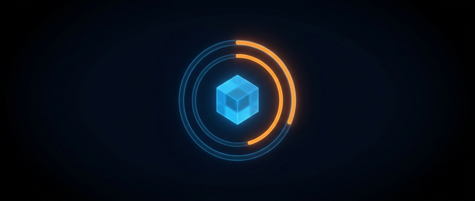A glowing blue cube encircled by ring arcs with one orange segment, on a dark field.