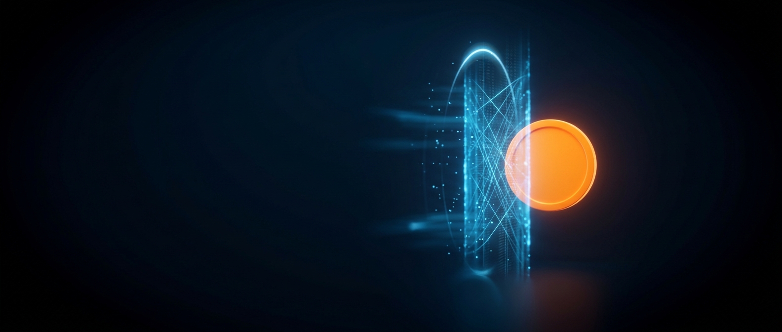 A glowing orange disc held behind a blue gate with an arc above, on a dark field.