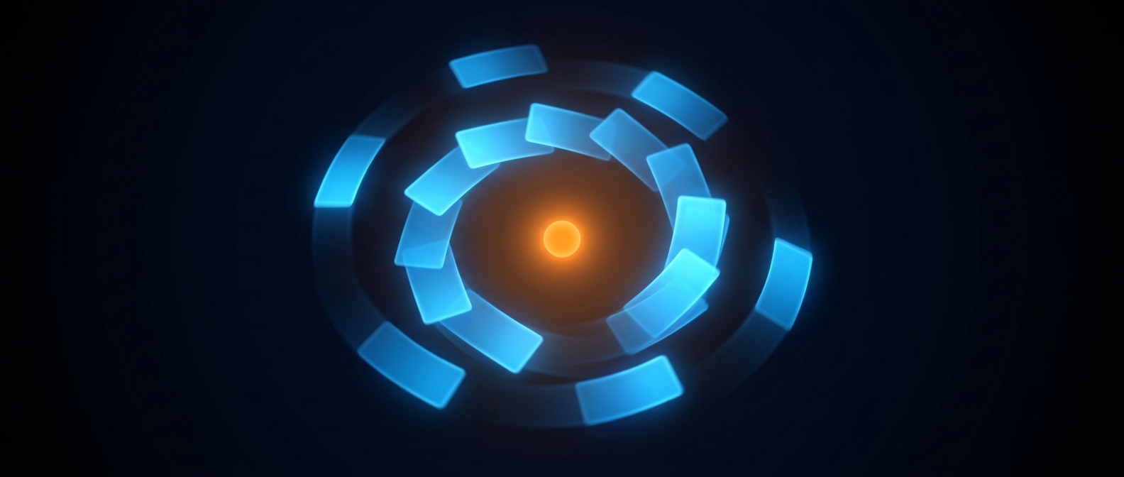 Glowing blue cards circling into a central orange node, on a dark field.