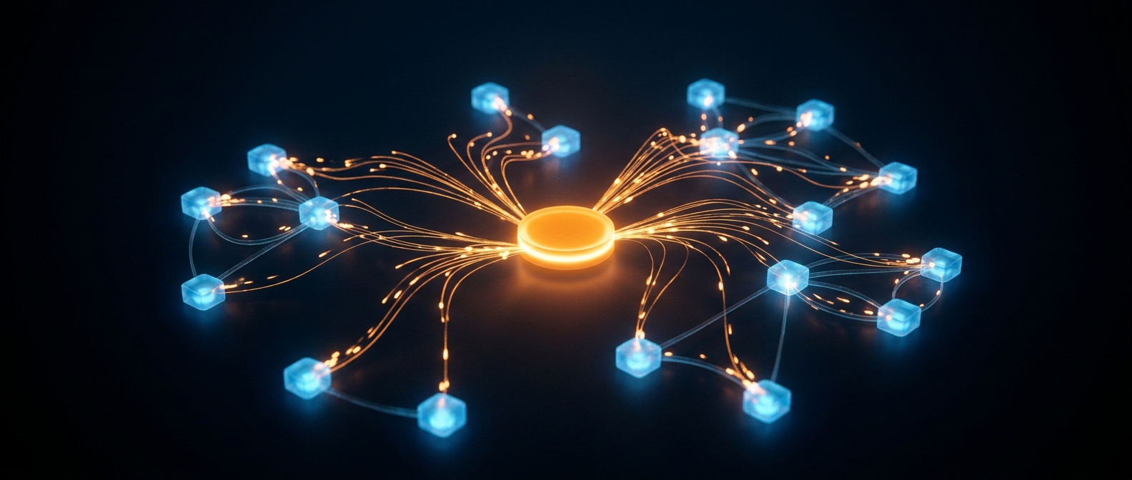 A central orange disc sending particles out to surrounding blue nodes, on a dark field.