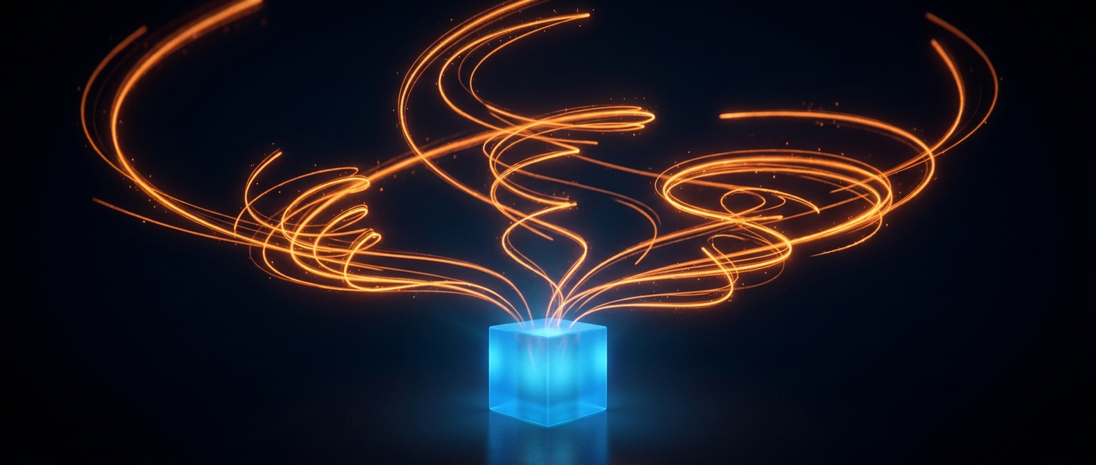 A glowing blue cube base with orange revenue streams spiraling out, on a dark field.