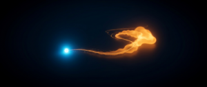 A glowing blue customer node with orange value accumulating along a path to the right, on a dark field.