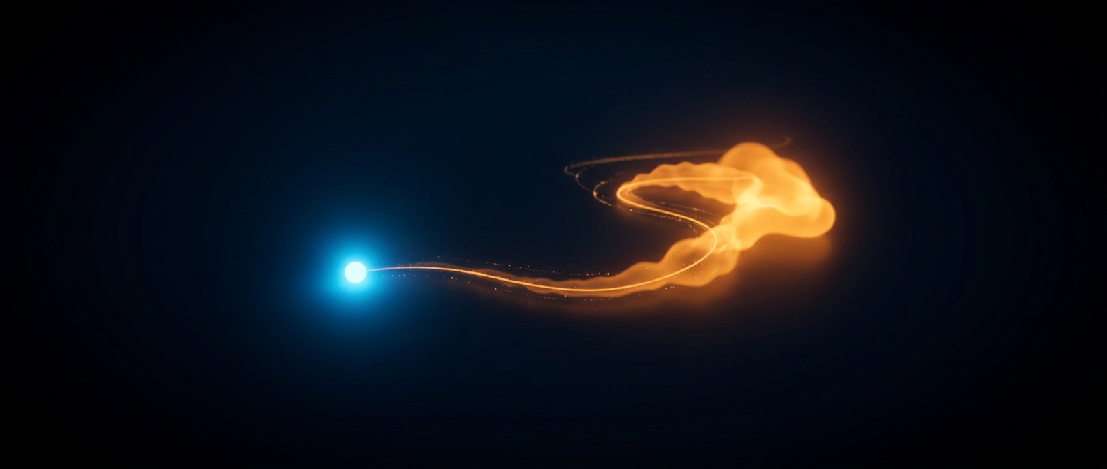 A glowing blue customer node with orange value accumulating along a path to the right, on a dark field.