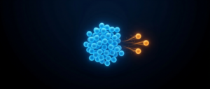A cluster of glowing blue nodes with a few orange nodes drifting away, on a dark field.
