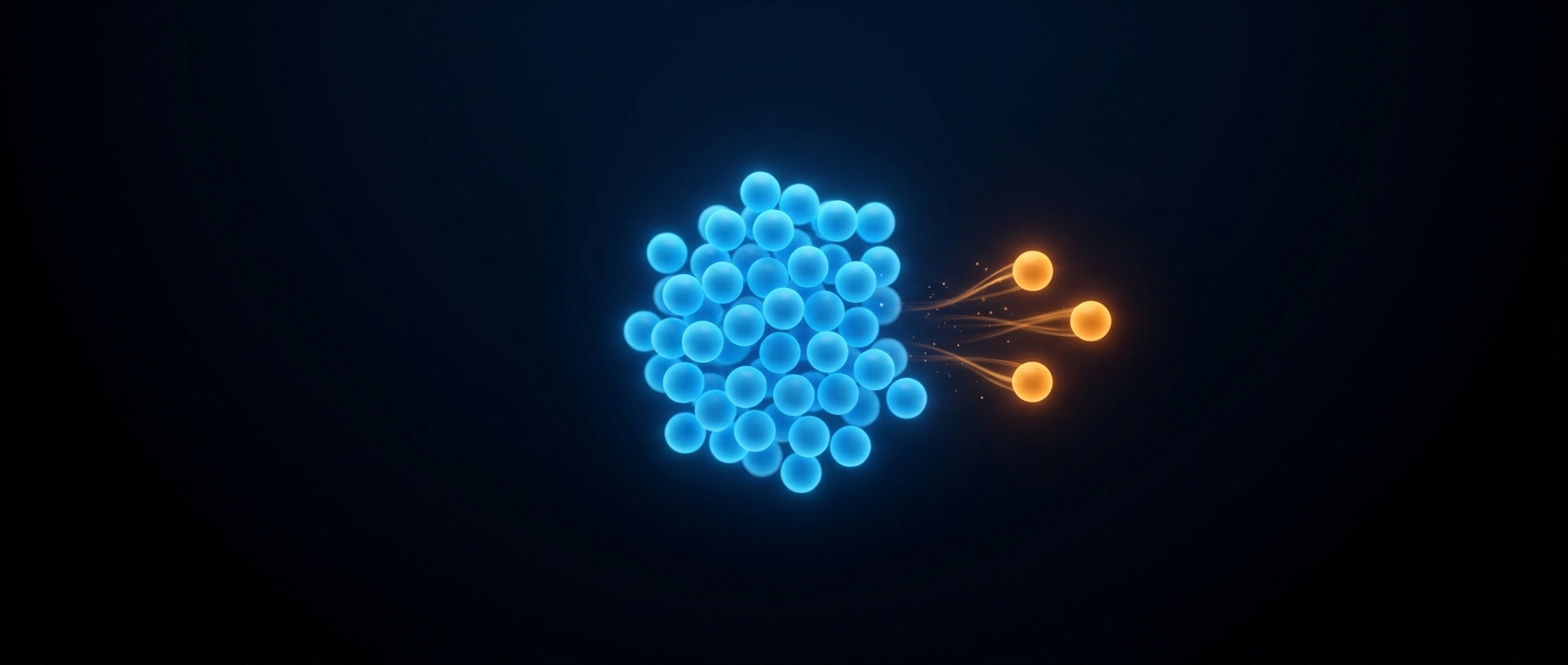 A cluster of glowing blue nodes with a few orange nodes drifting away, on a dark field.