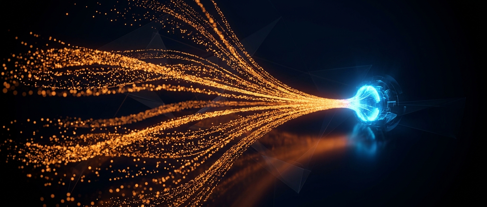 Glowing orange particles funneling into a single blue node on the right, on a dark field.