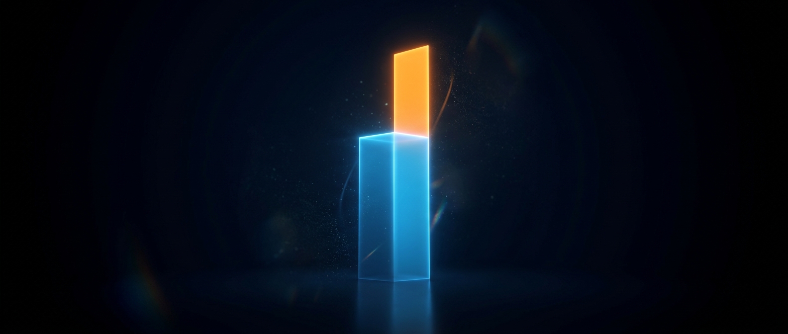 A glowing blue bar extended higher by an orange segment beyond its top, on a dark field.