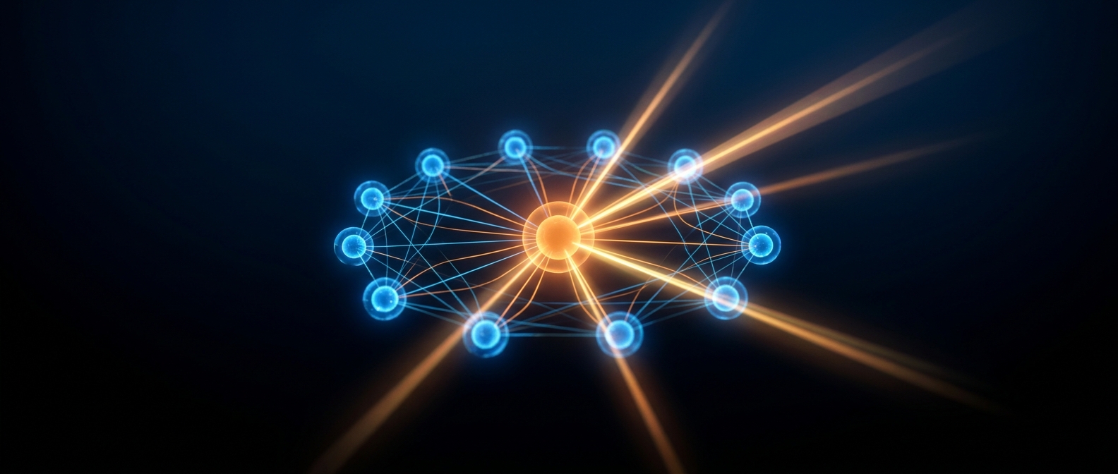 A central orange hub ringed by connected blue contact nodes with insight beams, on a dark field.