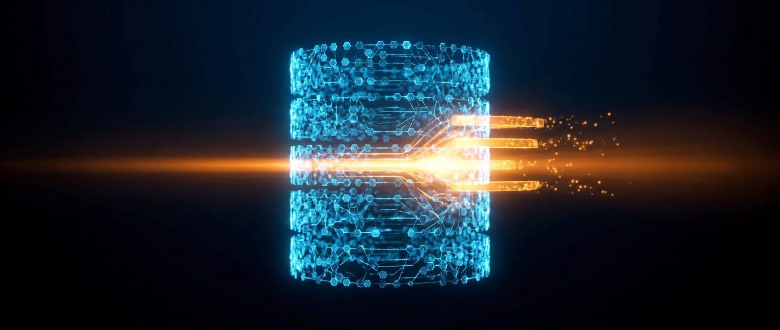 A glowing blue database cylinder with an orange beam lifting rows out, on a dark field.