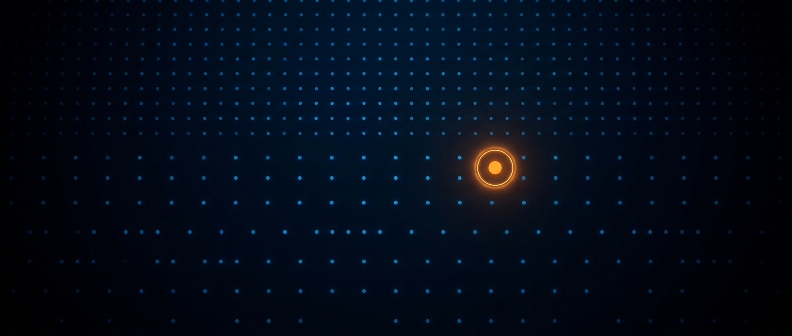 A grid of glowing blue dots with one ringed orange outlier dot, on a dark field.