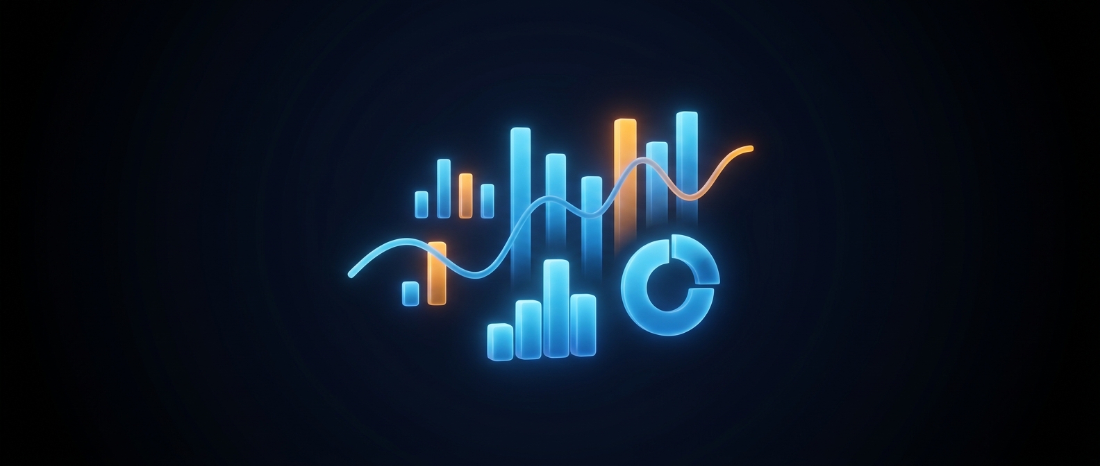 Glowing abstract blue chart shapes with orange highlights arranged like a dashboard, on a dark field.
