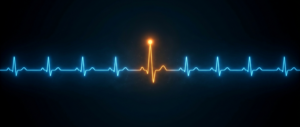 A glowing blue heartbeat-style monitoring line with one orange spike and alert dot, on a dark field.